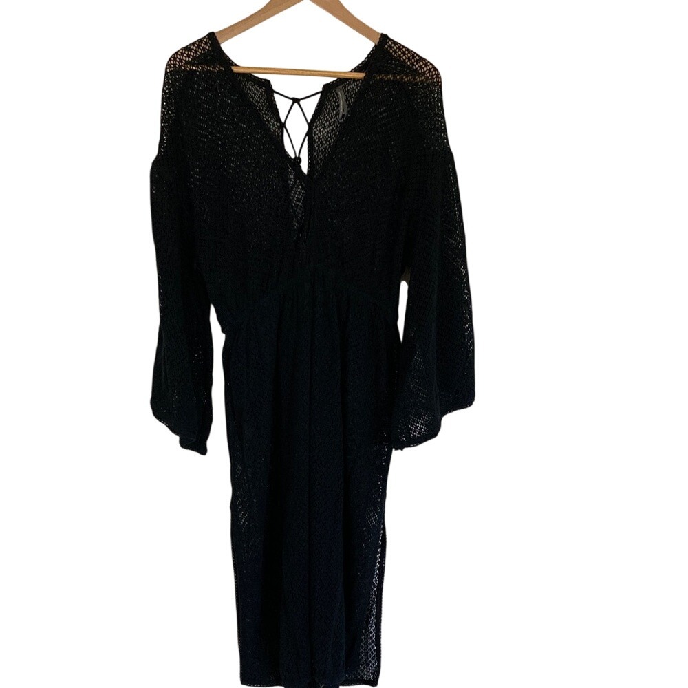 By Anthropologie Black Open Knit Midi Swim Cover Size M Bell Sleeve Boho Resort
